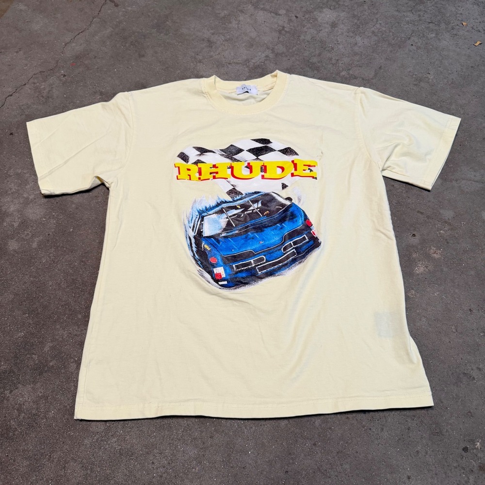 Rhude T-Shirt Mens Medium Yellow Racing Car Graphic Rh Logo Made in USA